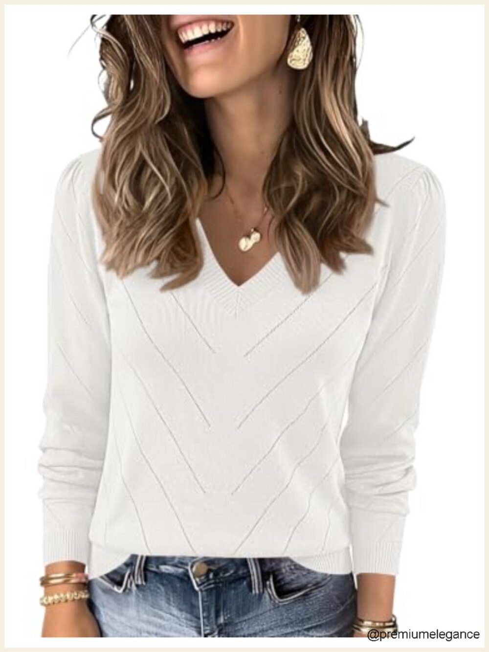 Women's V-Neck Puff Sleeve Knit Pullover Lightweight Fall Sweater